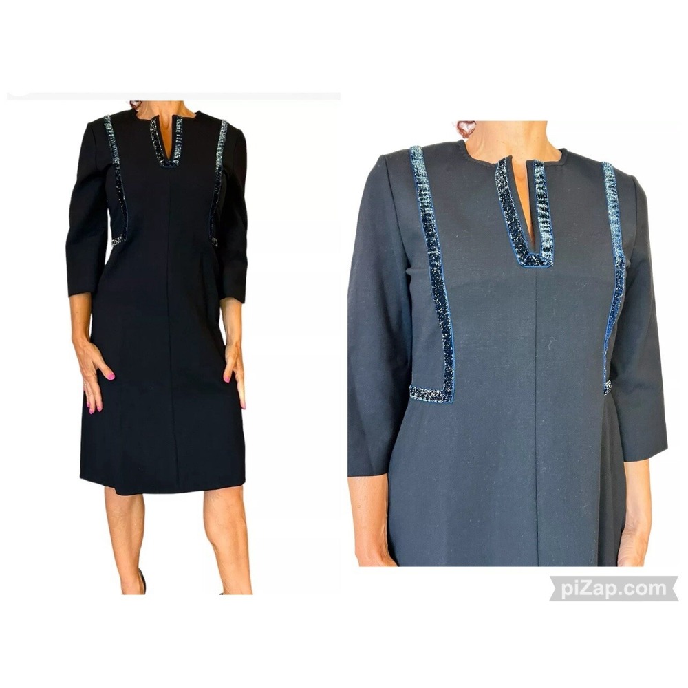 PIAZZA SEMPIONE WOMEN NAVY A LINE DRESS WOOL 3/4 SLEEVE SPLIT V VELVET TRIM 42 6